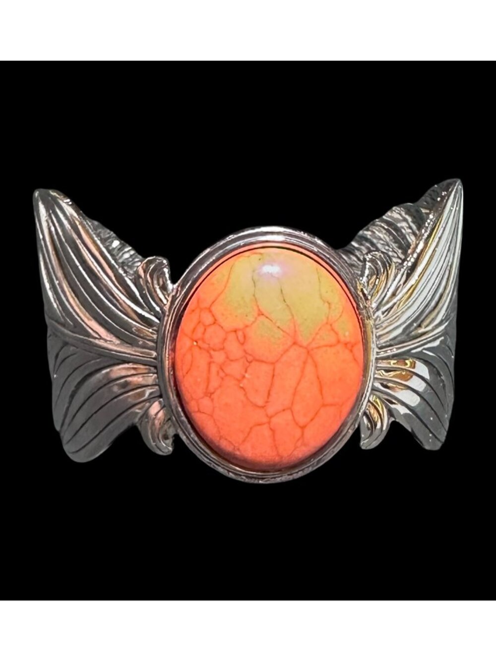 Boho Style Cuff Bracelet Silver Tone Orange Center Leaf Like Wrap Womens Jewelry - Picture 3 of 6